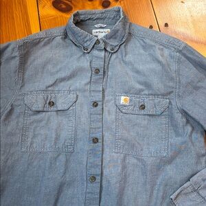 CARHARTT L Denim Blue Chambray Relaxed Fit Midweight Shirt Button Down Pocket